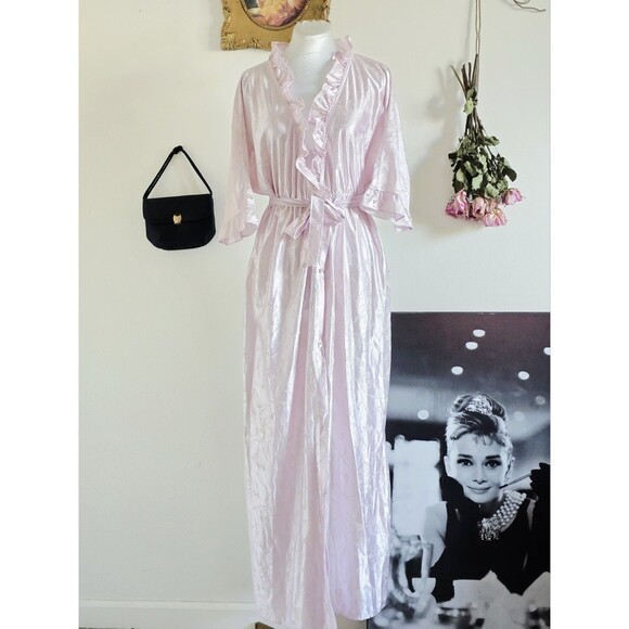 Vintage 70s 1970s Pastel Pink Satin Deep V Ruffle Straight Button Up Maxi Dress - Picture 1 of 6